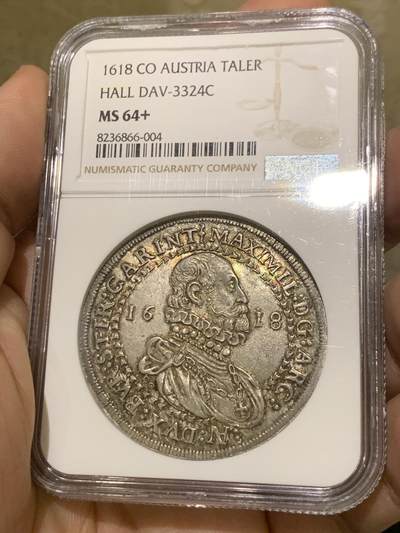 《竞宝斋》第437场 周日，周一2场连拍 （全场包邮） 唯一冠军分 NGC MS64+ 神圣罗马帝国 奥地利 1618年 马克西米利安三世伯爵 泰勒大银币 深打包浆币 400年岁月的沉淀 极好