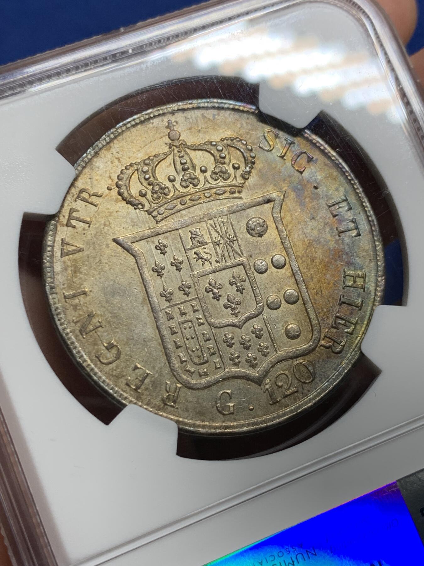 《竞宝斋》第437场 周日，周一2场连拍 （全场包邮） NGC MS61 意大利1857年 那不勒斯西西里120G大银币