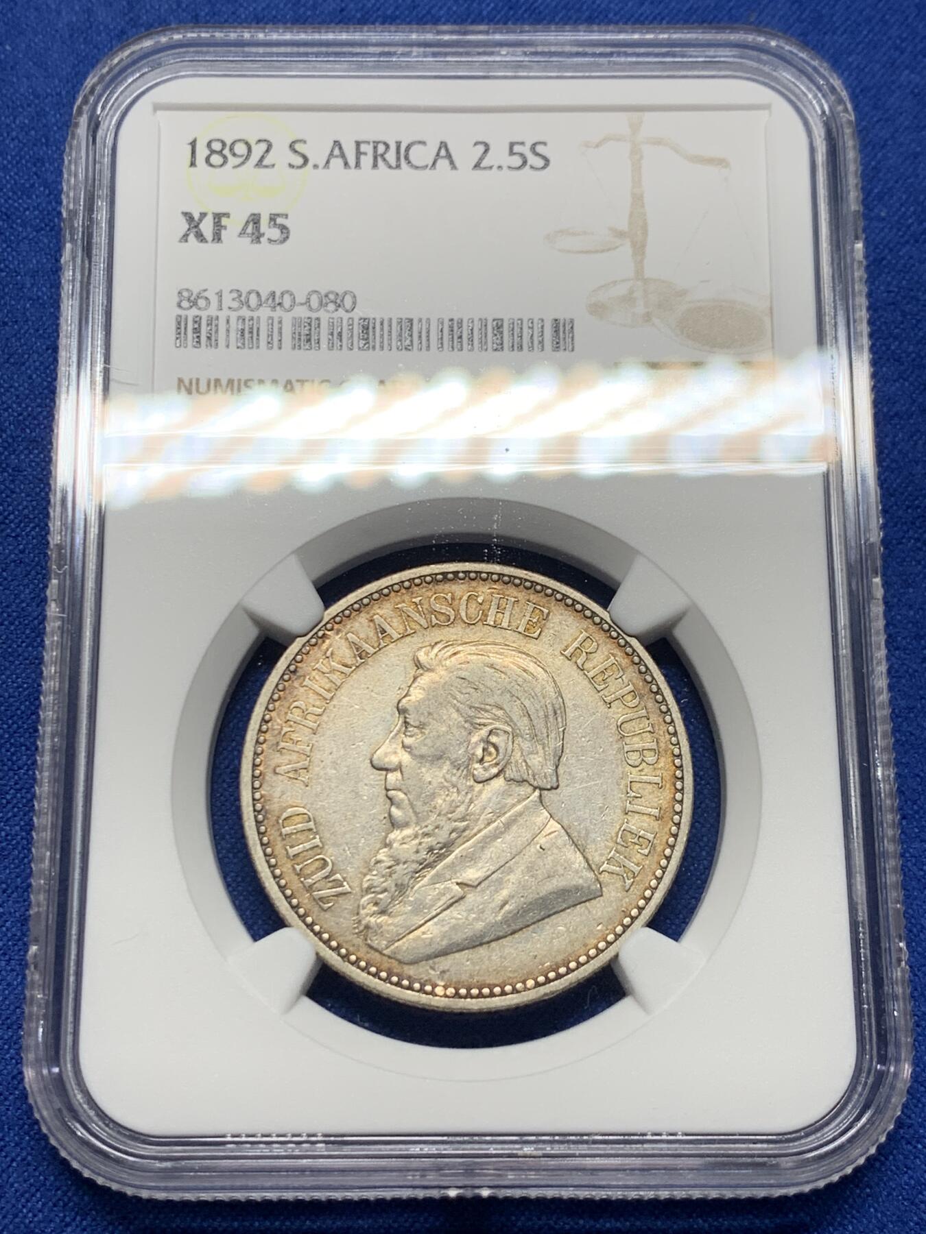《竞宝斋》第437场 周日，周一2场连拍 （全场包邮） NGC XF45 南非德兰士瓦1892年约翰内斯·保卢斯·克鲁格总统2.5先令银币 925银