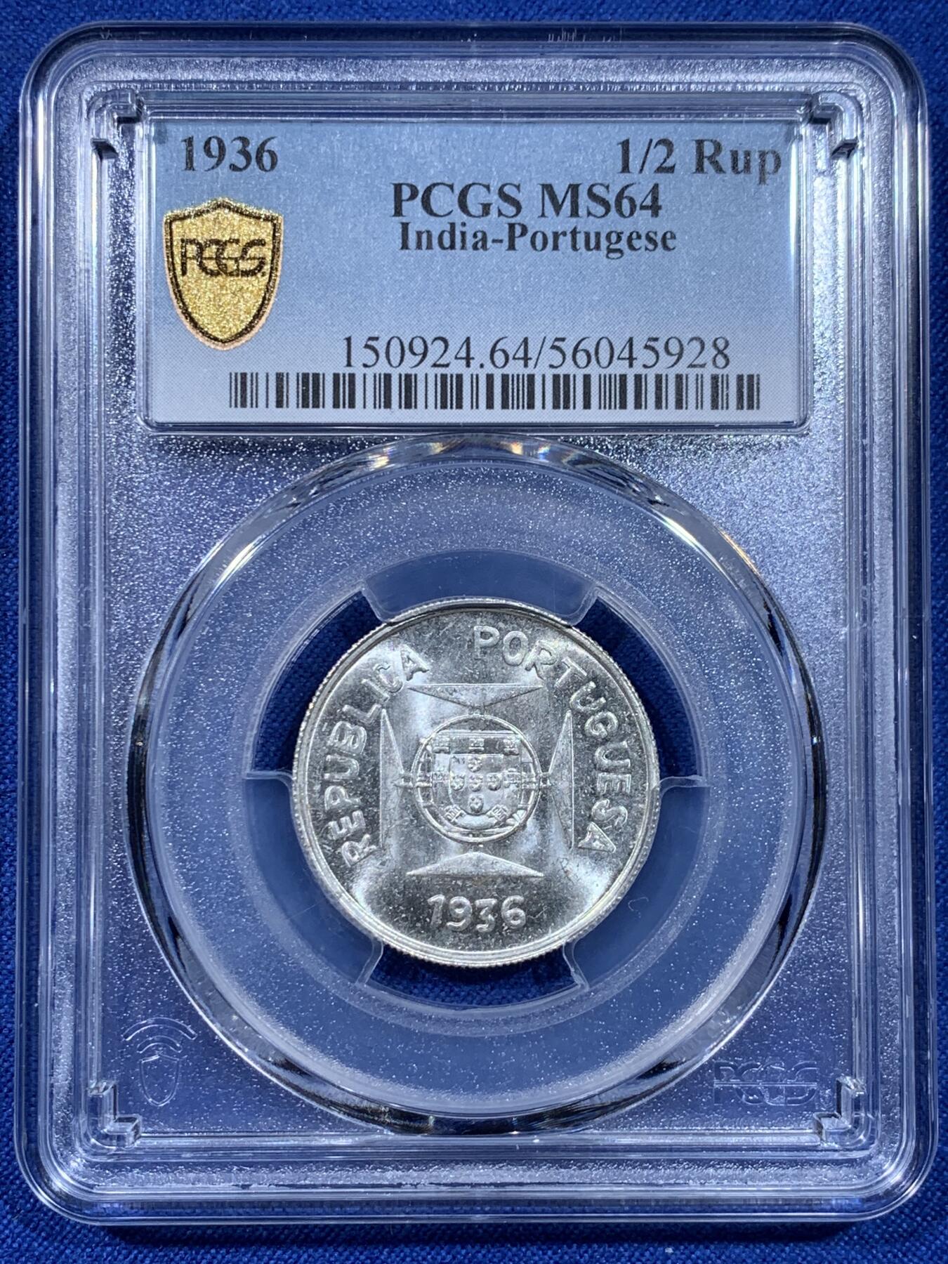 《竞宝斋》第437场 周日，周一2场连拍 （全场包邮） PCGS MS64 葡属印度1936年1/2卢比银币