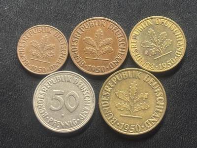 邮泉阁限时拍卖第三十五场 德国硬币专场（硬币在国外。请付邮费6元。） - 西德（联邦德国）1950年F版5枚