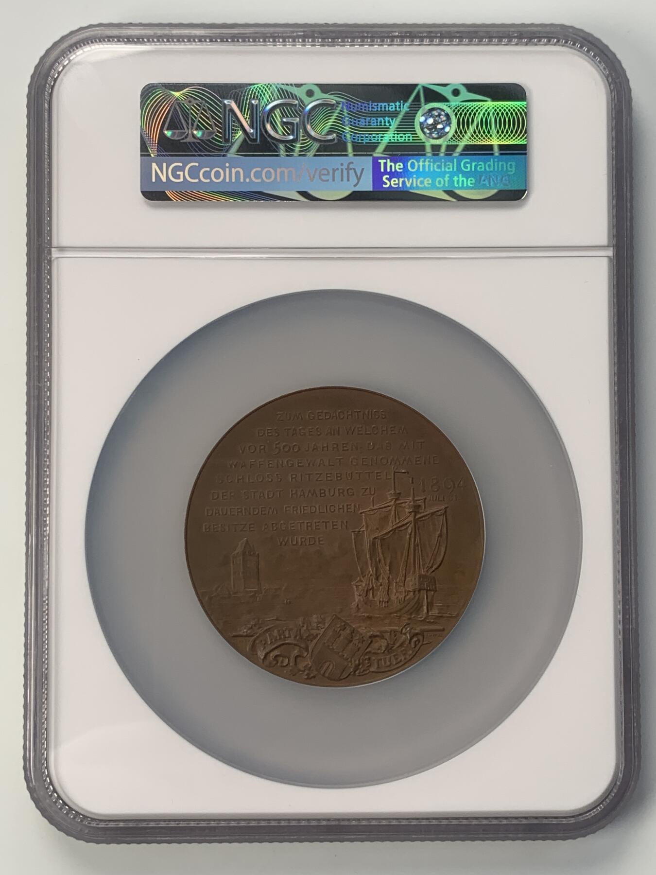 掌中浮雕-藏着的欧洲第041场 NGC MS63 ：1894年德国纪念里策布特尔城堡并入汉堡500周年，60mm
