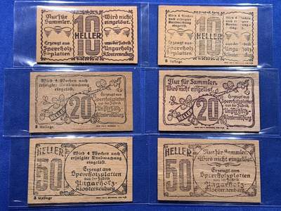 《竞宝斋》第437场 周日，周一2场连拍 （全场包邮） 奥地利Hadersfeld哈德斯菲尔德，1920年10-20-50赫勒 木质紧急状态币 两个不同版本共6枚，正面红色较鲜艳为少字版，比较淡雅的为多字版，成套不易。年代久远，木头不易保存，如此品相的依然难得一见。