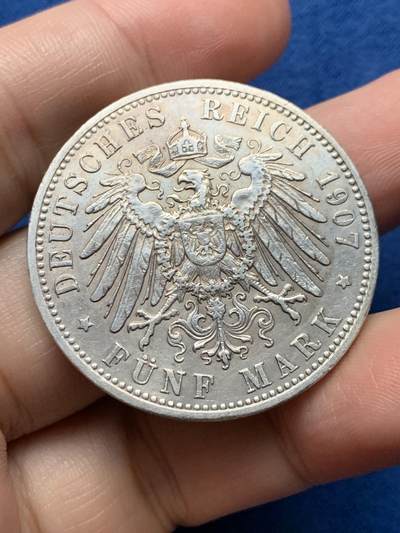 《竞宝斋》第437场 周日，周一2场连拍 （全场包邮） 德国1907年巴伐利亚奥托一世5马克银币 27.6g