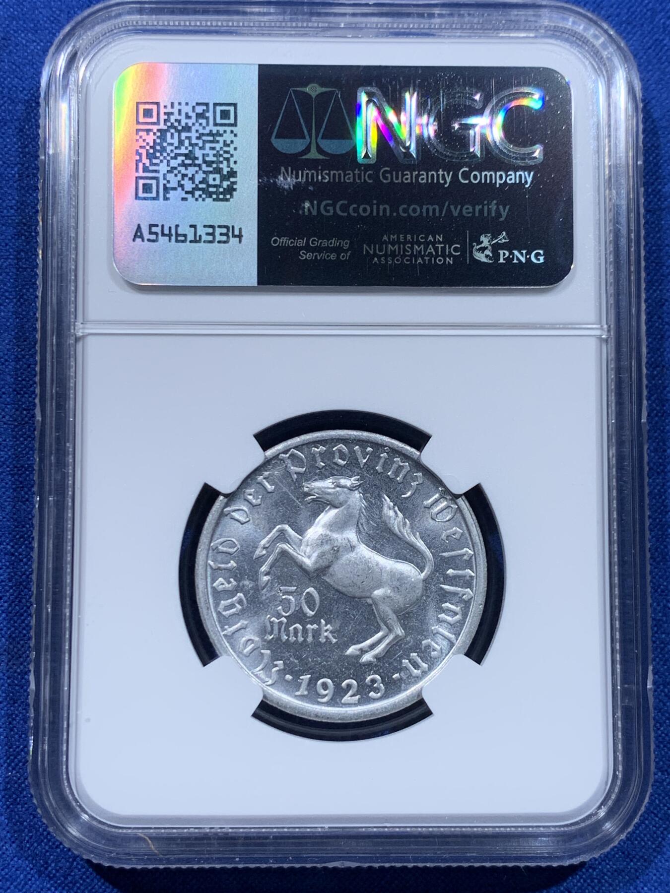 《竞宝斋》第437场 周日，周一2场连拍 （全场包邮） NGC MS63 德紧威斯特法伦1923年50马克铝质马币
