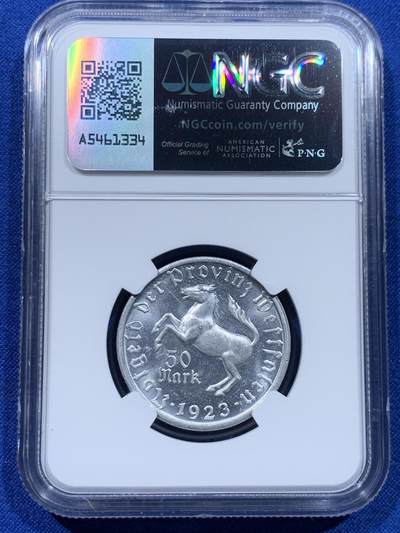 《竞宝斋》第437场 周日，周一2场连拍 （全场包邮） NGC MS63 德紧威斯特法伦1923年50马克铝质马币