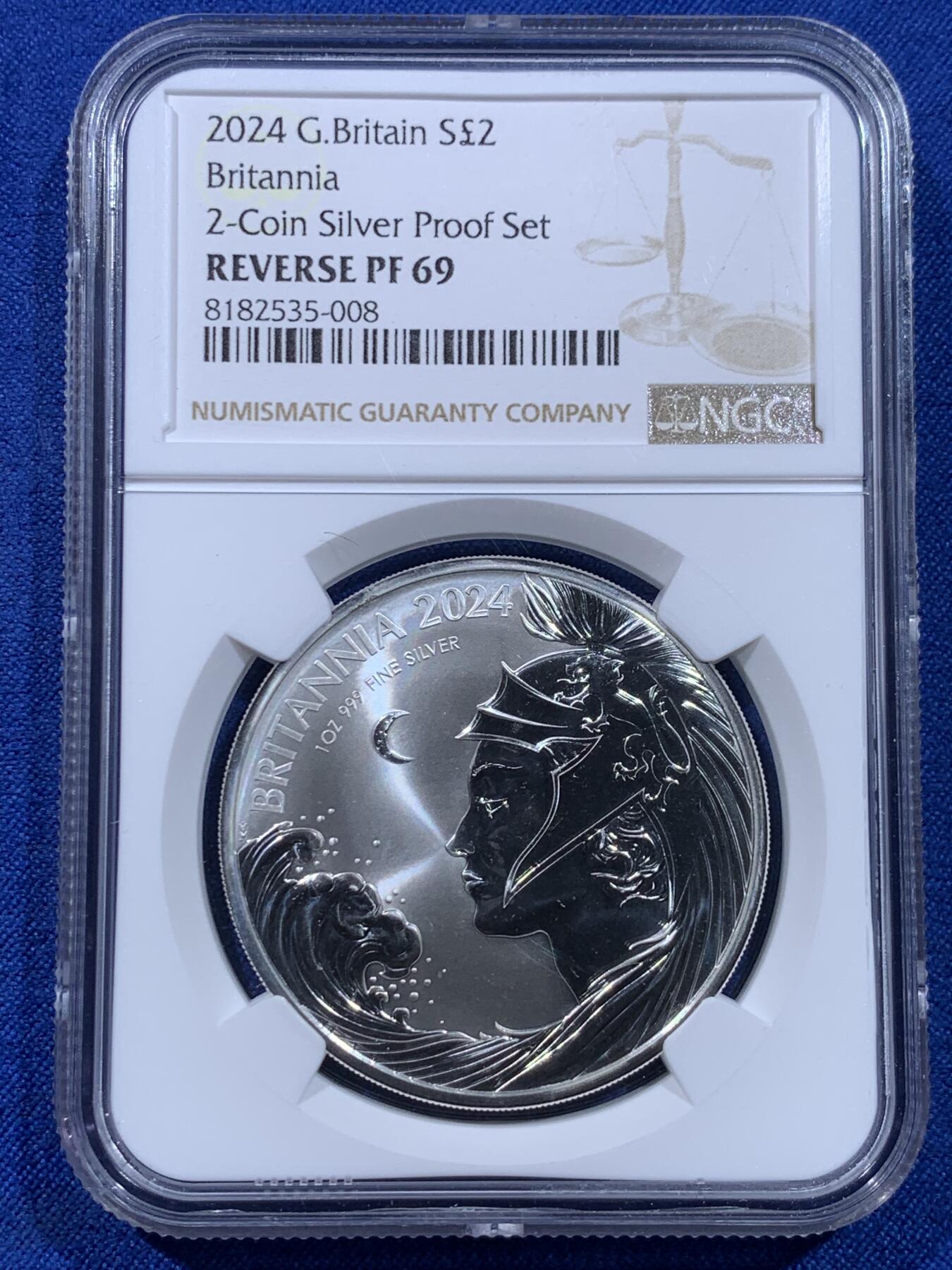 《竞宝斋》第437场 周日，周一2场连拍 （全场包邮） NGC REVERSE PF69 英国2024年不列颠女神2镑1盎司反向精制银币 极少见品种