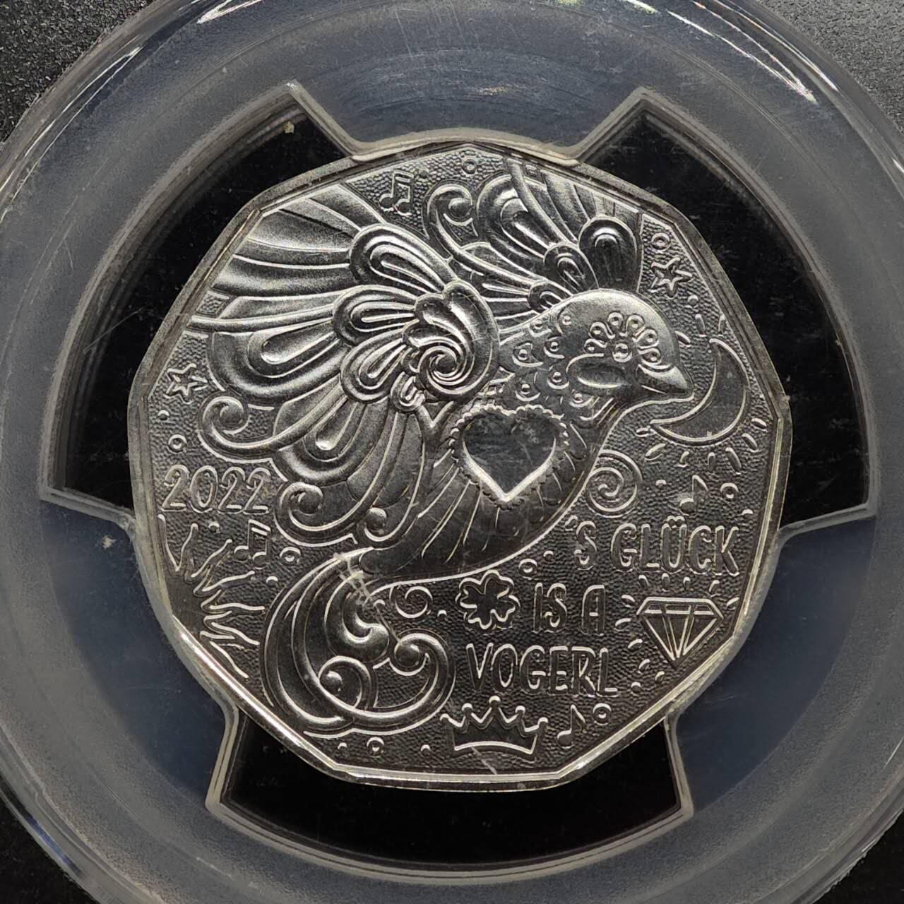 【淘币小摊】实时拍第七百九十五拍   银币套币场   满百包邮可预留二周 每周一统一发货   （少见）2022年奥地利5欧银铜币封装 新年系列-幸福是只鸟 8.41克925银 银币发行量5万 银币PCGS MS70冠军分 铜币PCGS MS69RD