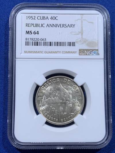 《竞宝斋》第437场 周日，周一2场连拍 （全场包邮） - NGC MS64 古巴1952年共和国五十周年纪念40分银币，单年版，倒挂非常严重的品种，早在21年外拍65分就以525美元成交，今年9月SBP拍卖66分更是以1900美元不含佣落槌，外拍大热点