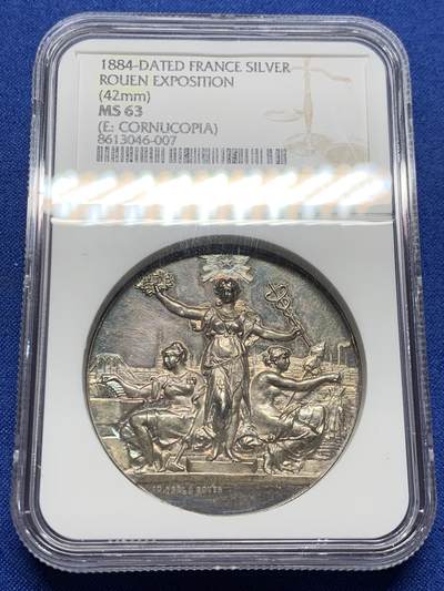 《竞宝斋》第437场 周日，周一2场连拍 （全场包邮） - NGC MS63 法国1884鲁昂展览会纪念银章 42mm 丰饶角边铭 加厚盒