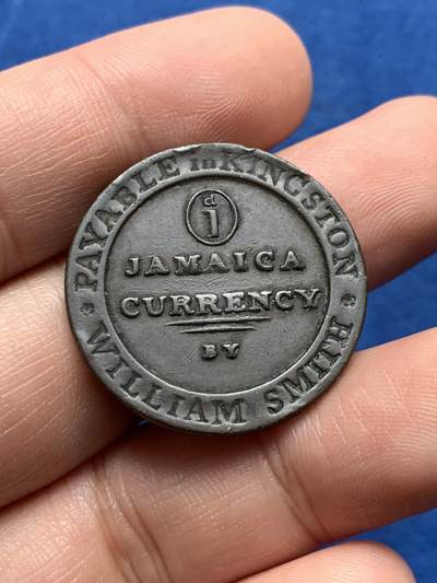 《竞宝斋》第437场 周日，周一2场连拍 （全场包邮） 牙买加1829年威廉·史密斯1便士应急铜质代币