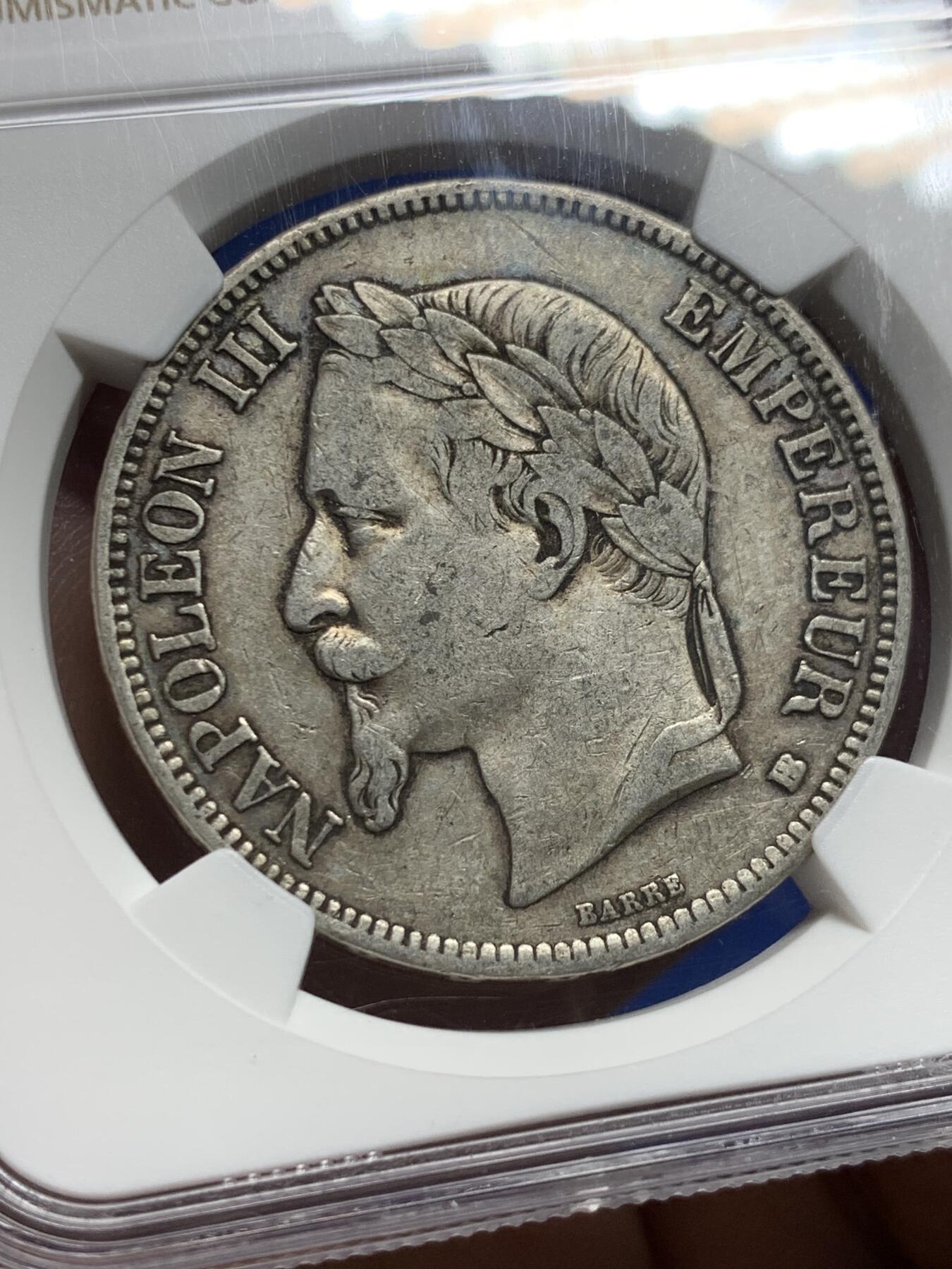 《竞宝斋》第437场 周日，周一2场连拍 （全场包邮） NGC VF35 法国 1868BB 拿破仑三世 5法郎 银币