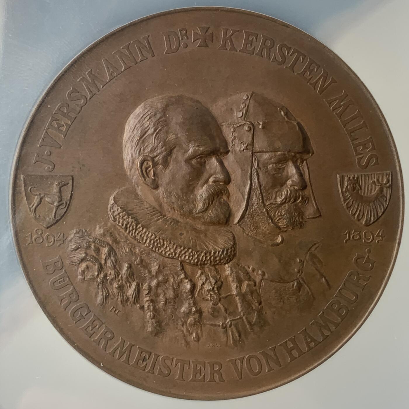 掌中浮雕-藏着的欧洲第041场 NGC MS63 ：1894年德国纪念里策布特尔城堡并入汉堡500周年，60mm