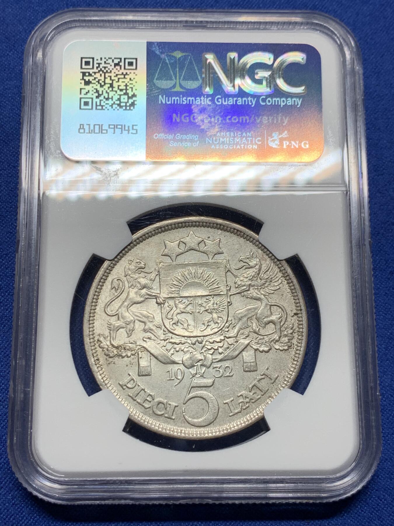 《竞宝斋》第437场 周日，周一2场连拍 （全场包邮） NGC MS62 拉脱维亚 1932年 女神 5拉特 银币 少见好品