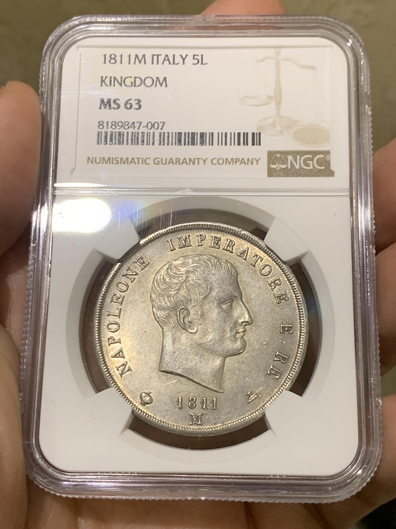《竞宝斋》第437场 周日，周一2场连拍 （全场包邮） NGC MS63 意大利王国1811 拿破仑5里拉 拿破仑翻越阿尔卑斯山，战胜意大利，铸造的大银币 双面深打几乎没有减重痕 太不容易