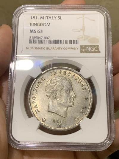 《竞宝斋》第437场 周日，周一2场连拍 （全场包邮） NGC MS63 意大利王国1811 拿破仑5里拉 拿破仑翻越阿尔卑斯山，战胜意大利，铸造的大银币 双面深打几乎没有减重痕 太不容易
