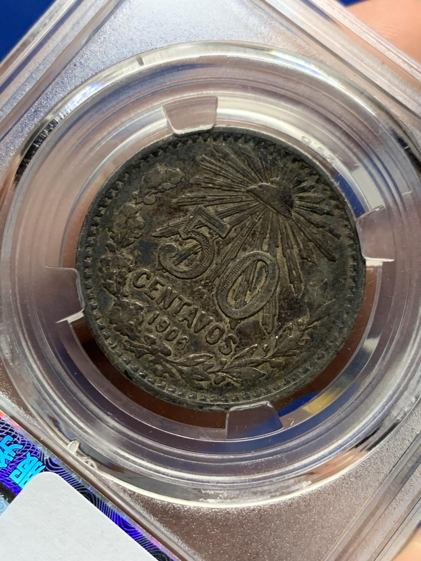 《竞宝斋》第437场 周日，周一2场连拍 （全场包邮） 墨西哥1906年五十分银币 非常醇厚的老包浆