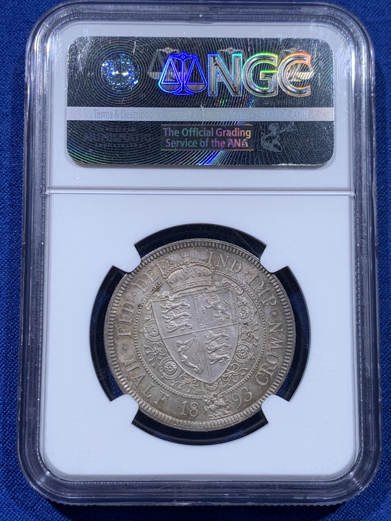 《竞宝斋》第437场 周日，周一2场连拍 （全场包邮） NGC MS65 英国 1893年 维多利亚披纱半克朗银币 香槟色包浆 细节非常不错