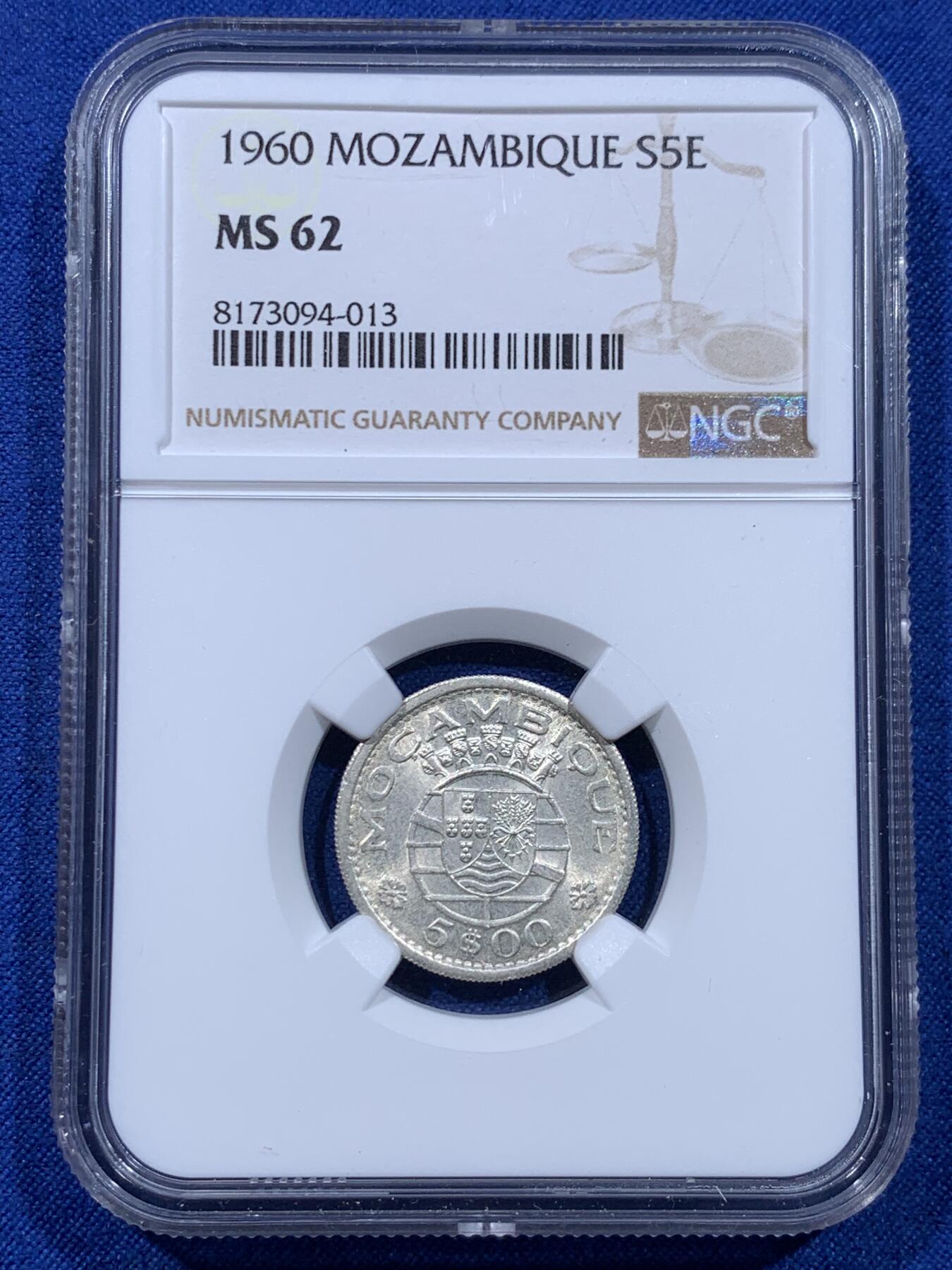 《竞宝斋》第437场 周日，周一2场连拍 （全场包邮） NGC MS62 葡属莫桑比克 1960年 5埃斯库多银币 卷拆品 低评 葡系必备