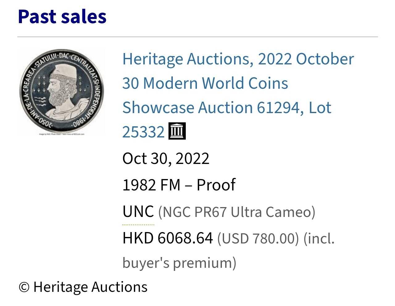 【俄甄集藏】2025年(044)11-12星期三晚 19:30 全场包邮 罗马尼亚1982年纪念达基亚人建立独立国家2050周年100列伊精制大银币，NGC PF68UC，重30克，92.5%银，发行量仅有928枚，十分稀有的品种，罗马尼亚现代银币总筋品种
