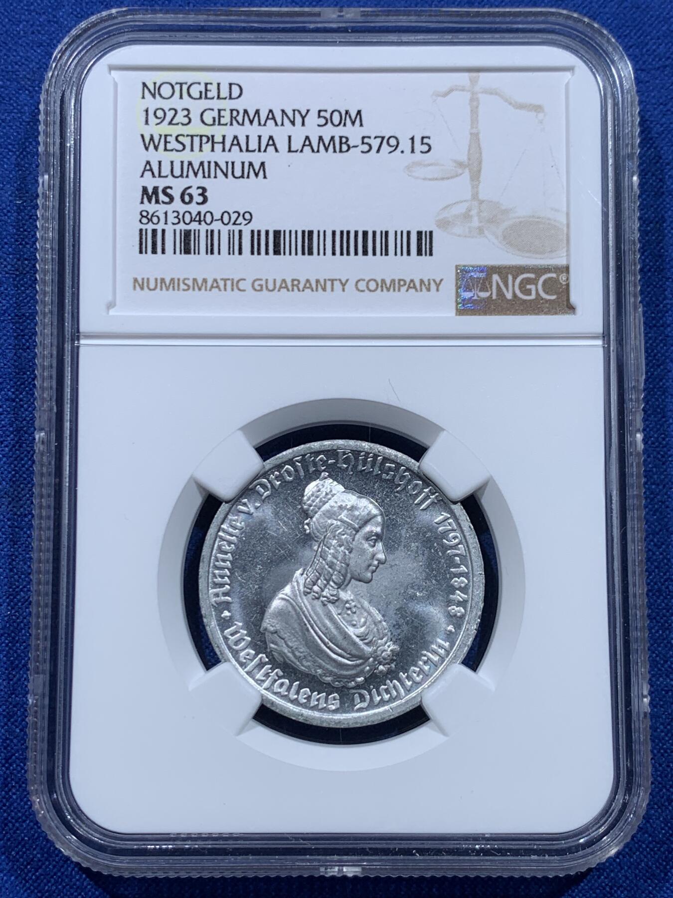 《竞宝斋》第437场 周日，周一2场连拍 （全场包邮） NGC MS63 德紧威斯特法伦1923年50马克铝质马币