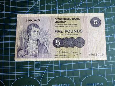 【炜奕收藏】，第五十期 - 1972年苏格兰克莱斯戴尔银行5镑，流通品相，早期年份少见