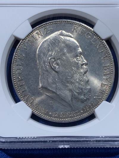《竞宝斋》第437场 周日，周一2场连拍 （全场包邮） NGC MS63 德国巴伐利亚1911年利奥波德诞辰90周年5马克 银币