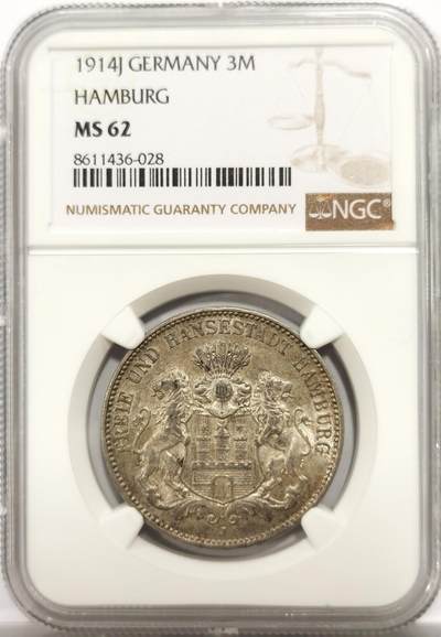 博洋堂世界钱币拍卖第146期（全场包邮） - NGC MS62 德国汉堡1914年3马克银币