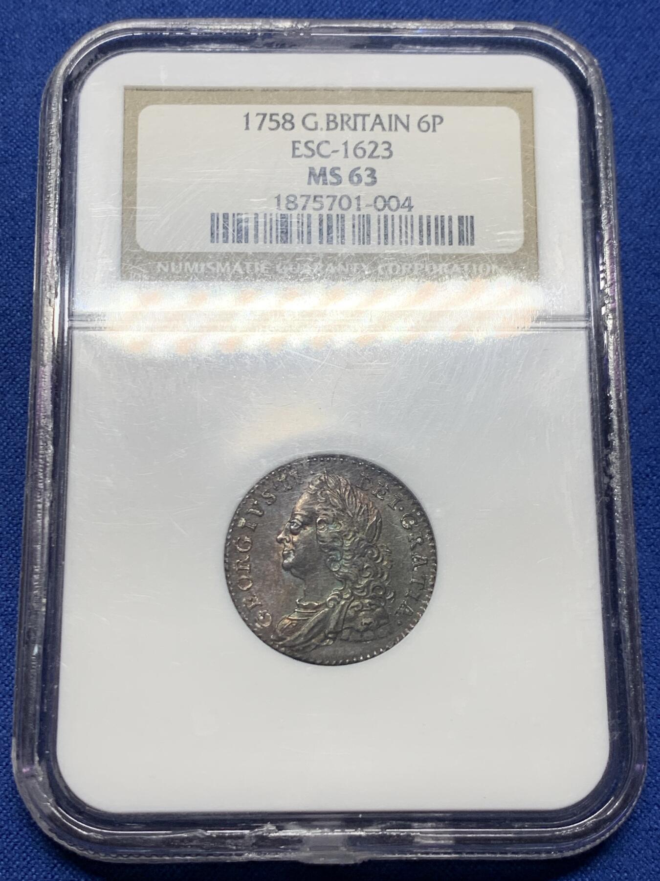 《竞宝斋》第437场 周日，周一2场连拍 （全场包邮） NGC MS63 英国 1758年 乔治二世末年六便士银币 双面原味深彩包浆 镜面感十足 没有黑麻子 全深打 值得关注