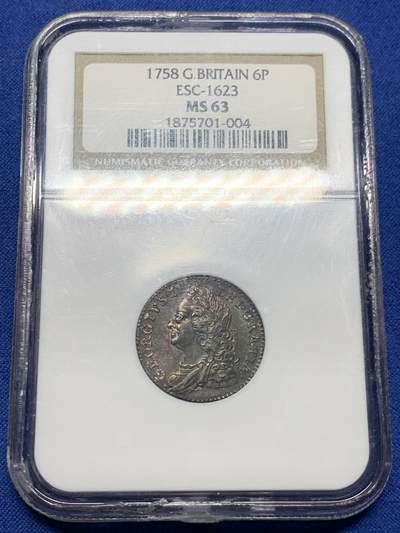 《竞宝斋》第437场 周日，周一2场连拍 （全场包邮） - NGC MS63 英国 1758年 乔治二世末年六便士银币 双面原味深彩包浆 镜面感十足 没有黑麻子 全深打 值得关注