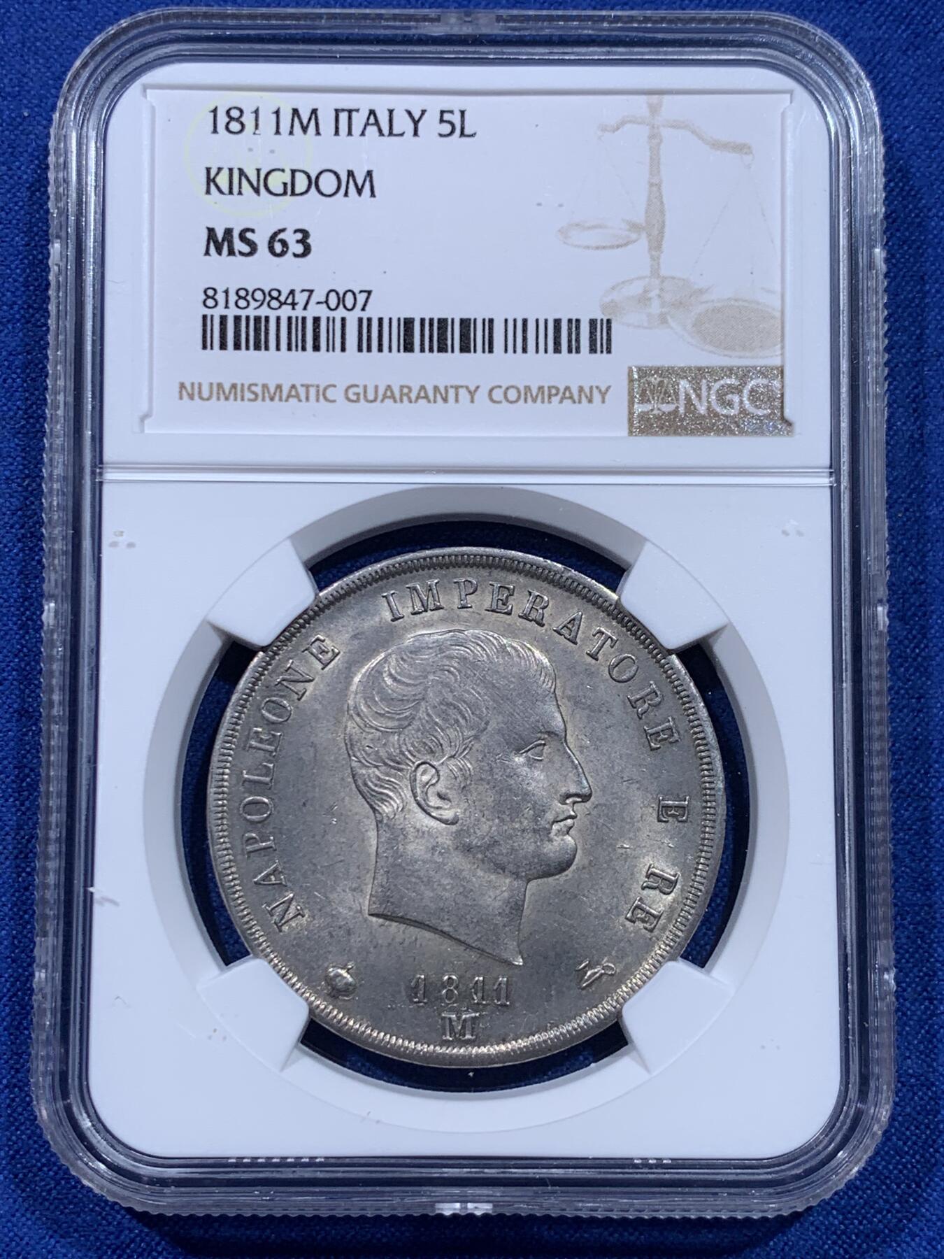 《竞宝斋》第437场 周日，周一2场连拍 （全场包邮） NGC MS63 意大利王国1811 拿破仑5里拉 拿破仑翻越阿尔卑斯山，战胜意大利，铸造的大银币 双面深打几乎没有减重痕 太不容易