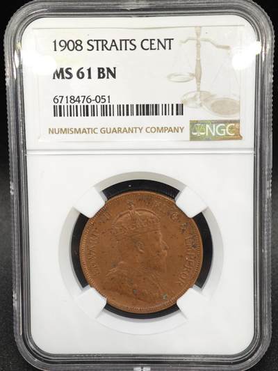 【淘币小摊】实时拍第七百九十五拍   银币套币场   满百包邮可预留二周 每周一统一发货   - 海峡1908年爱德华七世一分铜币 NGC MS61BN