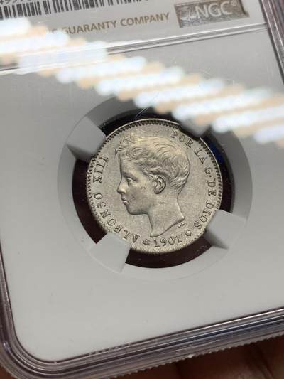 《竞宝斋》第437场 周日，周一2场连拍 （全场包邮） NGC AU55 西班牙 1901年 阿方索十三世 1比赛塔 银币 少见好品小面值