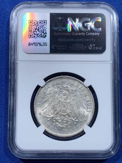 《竞宝斋》第437场 周日，周一2场连拍 （全场包邮） NGC MS64 德国符腾堡 1911年 银婚纪念 3马克
