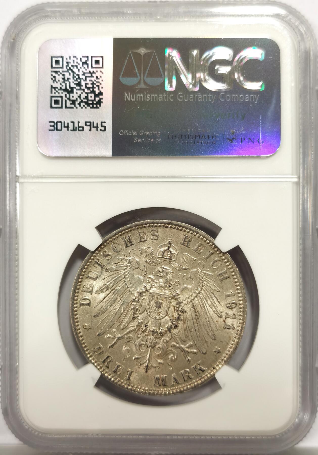 博洋堂世界钱币拍卖第146期（全场包邮） NGC MS62 德国巴伐利亚1911年柳特波德3马克银币