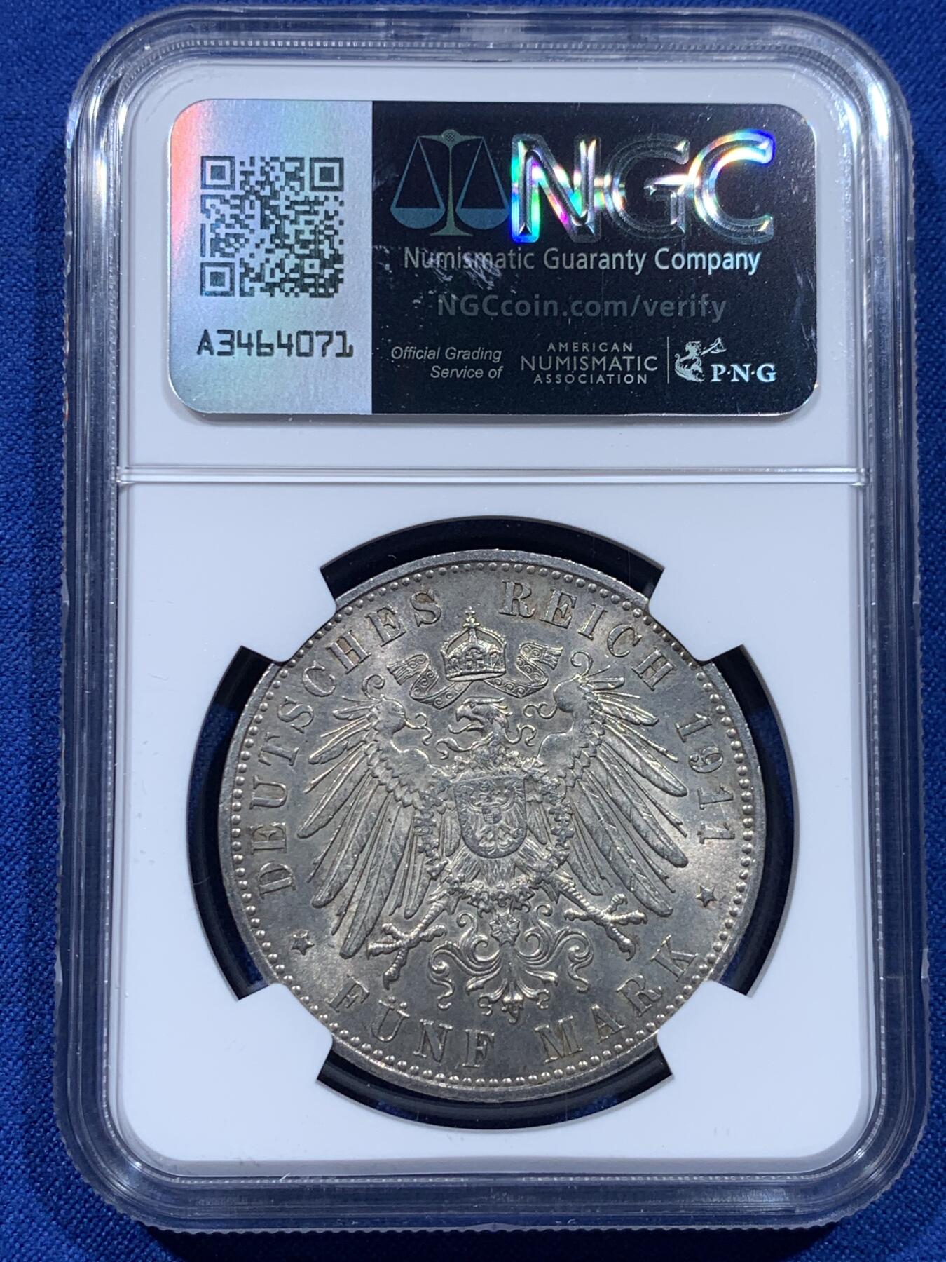 《竞宝斋》第437场 周日，周一2场连拍 （全场包邮） NGC MS63 德国巴伐利亚1911年利奥波德诞辰90周年5马克 银币