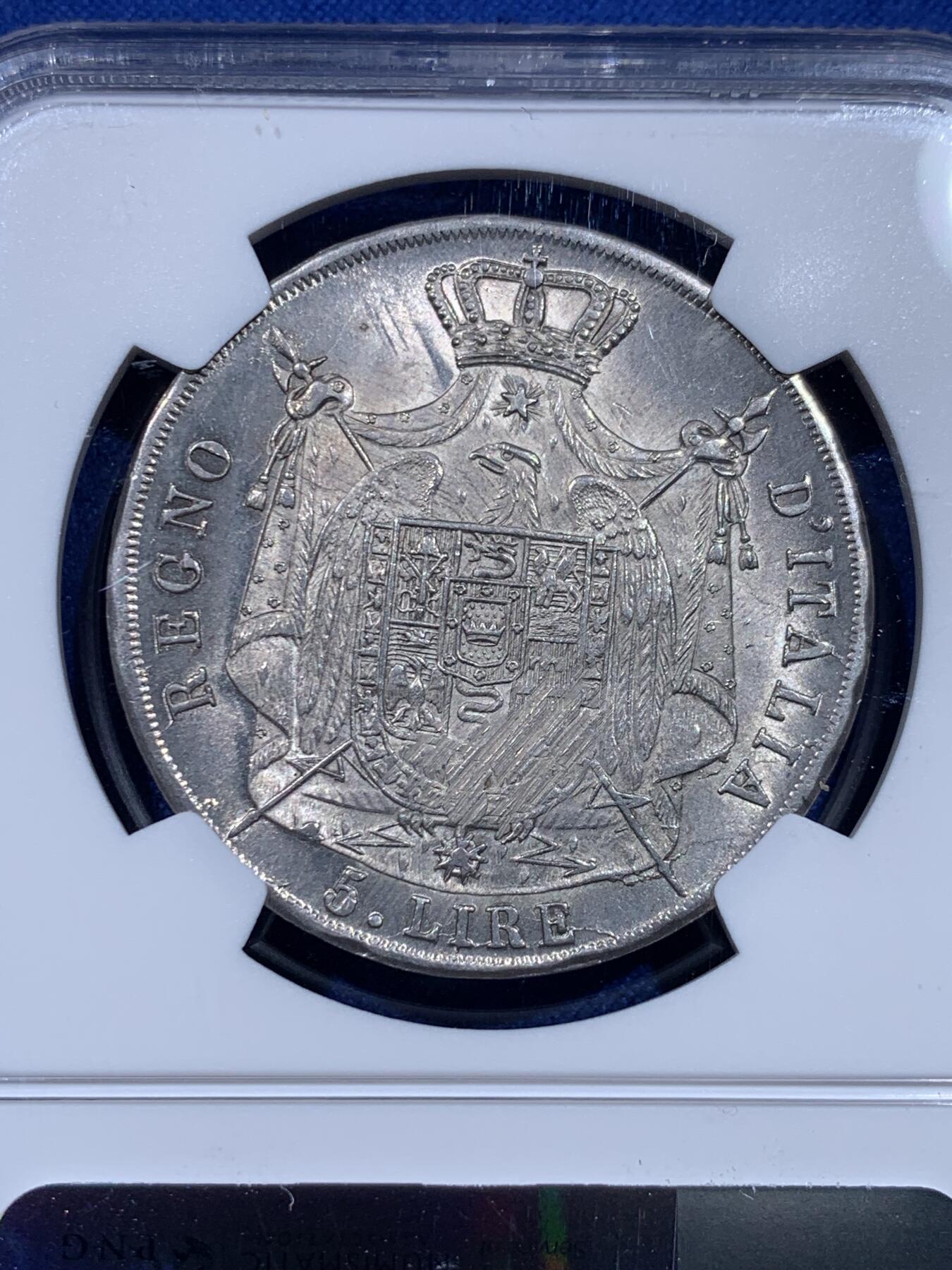 《竞宝斋》第437场 周日，周一2场连拍 （全场包邮） NGC MS63 意大利王国1811 拿破仑5里拉 拿破仑翻越阿尔卑斯山，战胜意大利，铸造的大银币 双面深打几乎没有减重痕 太不容易