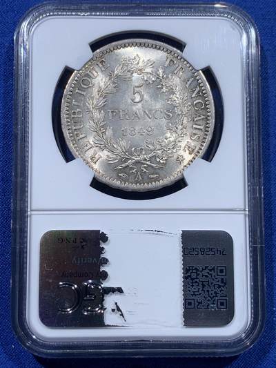 《竞宝斋》第437场 周日，周一2场连拍 （全场包邮） NGC MS64 法国1849大力神5法郎，铸纹清晰，淡彩转光，不可多得