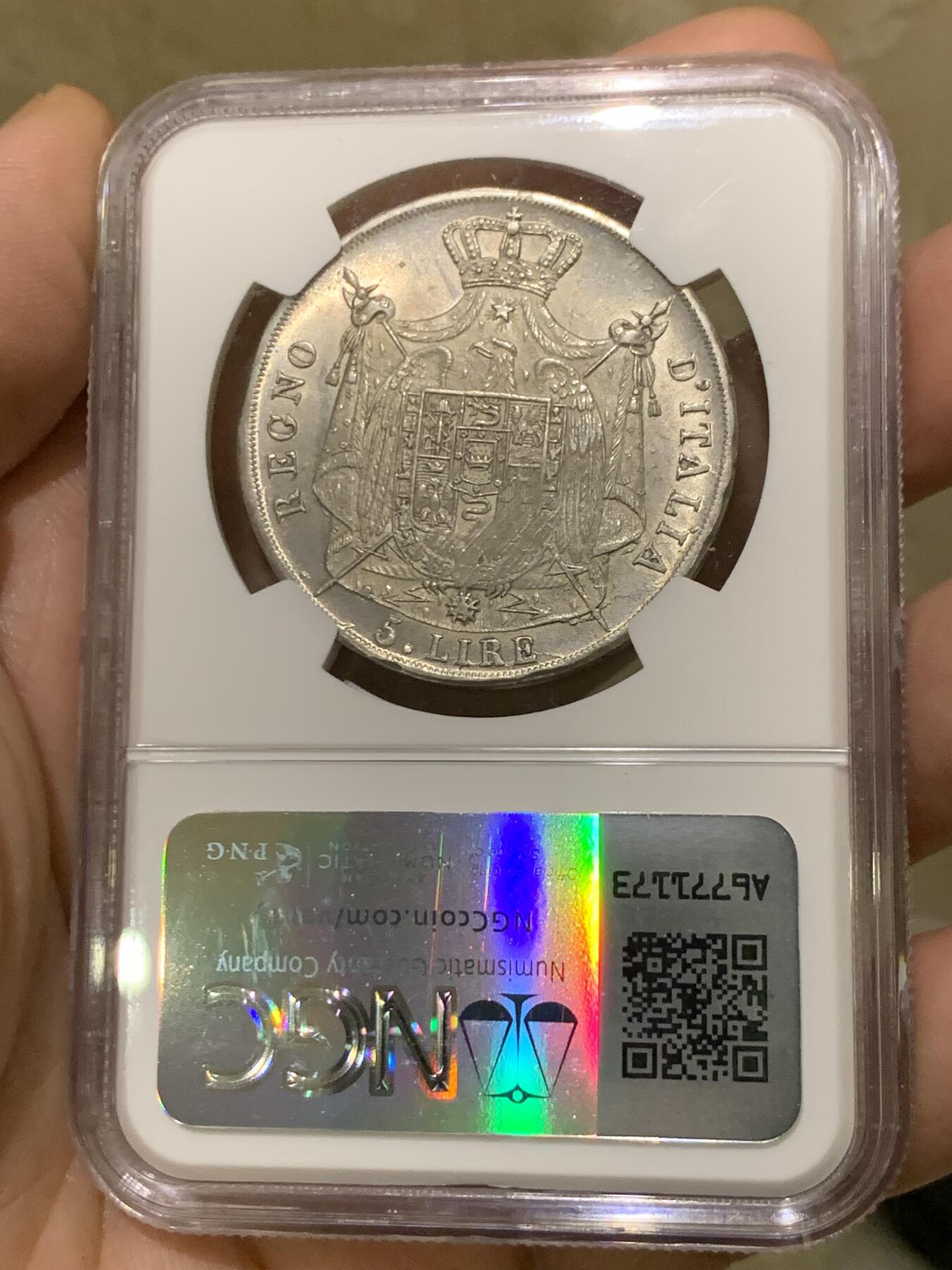 《竞宝斋》第437场 周日，周一2场连拍 （全场包邮） NGC MS63 意大利王国1811 拿破仑5里拉 拿破仑翻越阿尔卑斯山，战胜意大利，铸造的大银币 双面深打几乎没有减重痕 太不容易