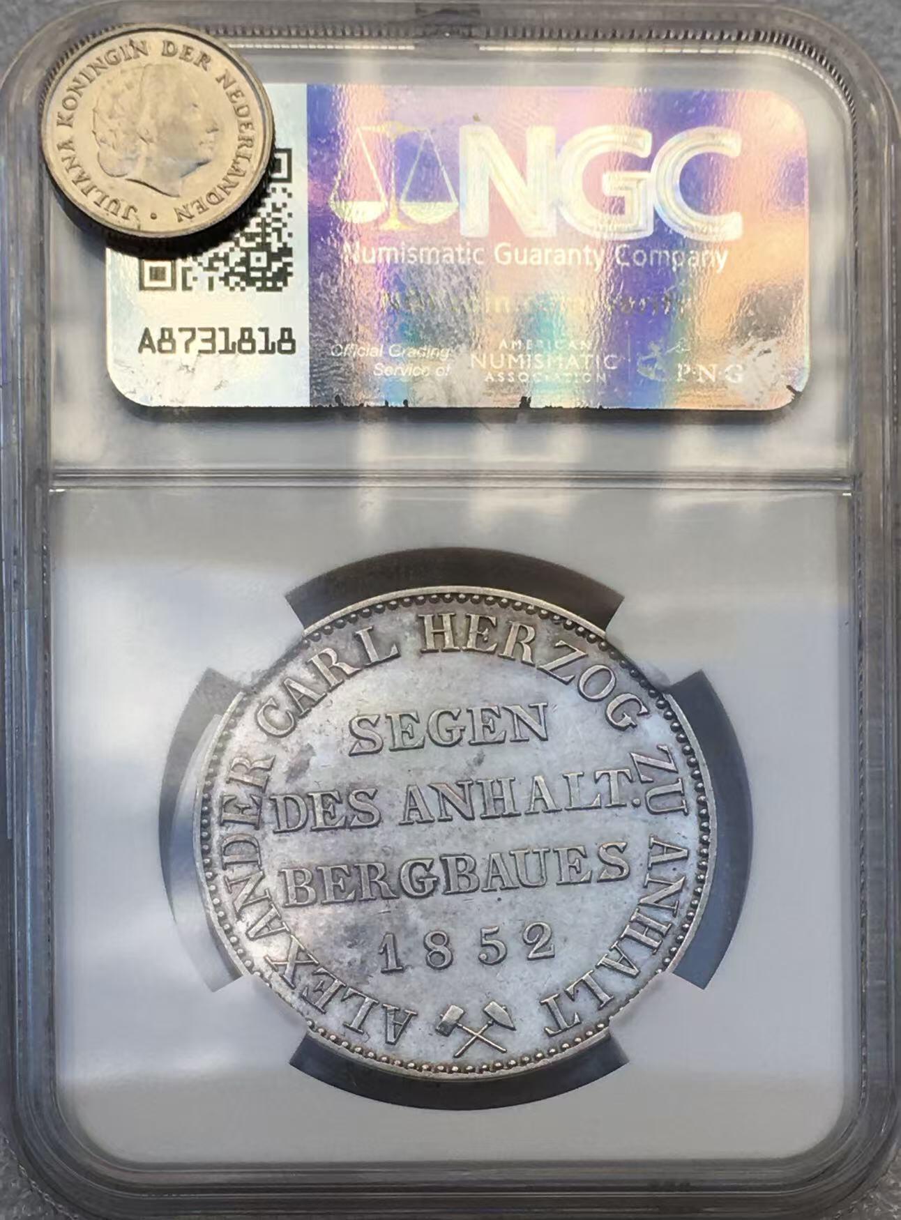 世界钱币专场拍卖 每周二开拍 NGC AU1852年德国安哈特贝恩堡小熊爬墙1泰勒银币 加重版