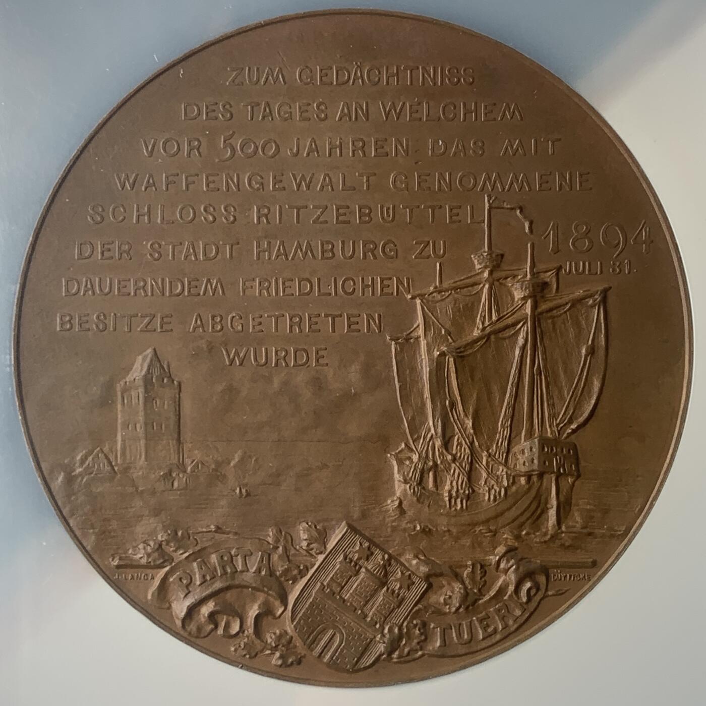 掌中浮雕-藏着的欧洲第041场 NGC MS63 ：1894年德国纪念里策布特尔城堡并入汉堡500周年，60mm