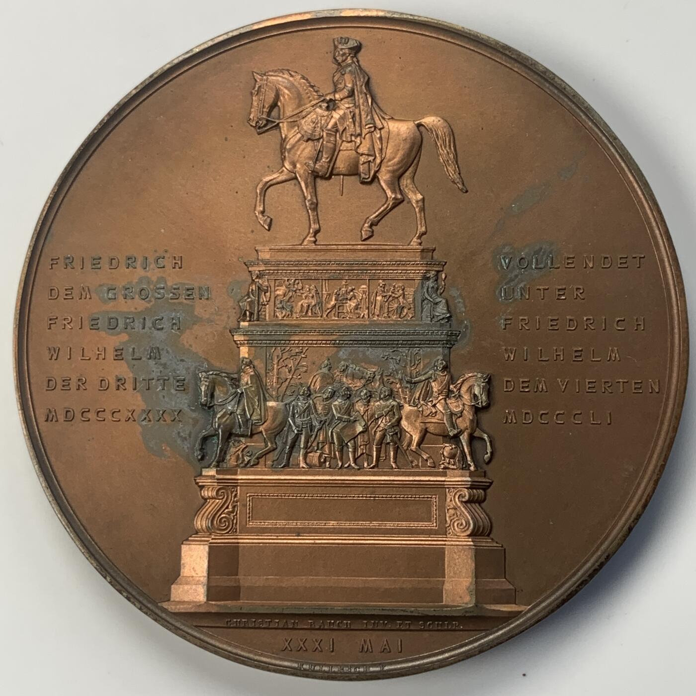 掌中浮雕-藏着的欧洲第041场 1851年普鲁士腓特烈大帝骑马雕像落成纪念铜章 ,61.5mm