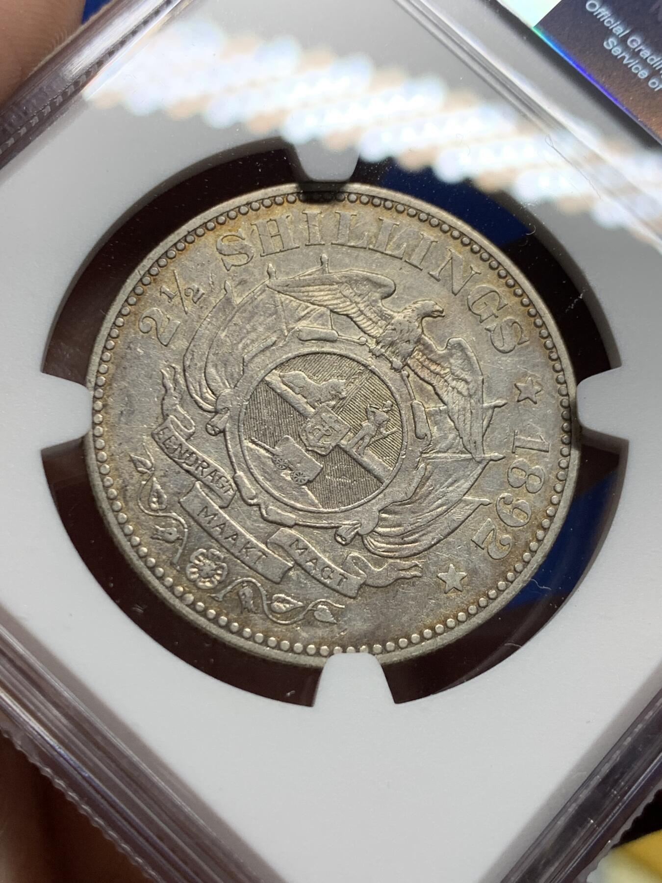 《竞宝斋》第437场 周日，周一2场连拍 （全场包邮） NGC XF45 南非德兰士瓦1892年约翰内斯·保卢斯·克鲁格总统2.5先令银币 925银