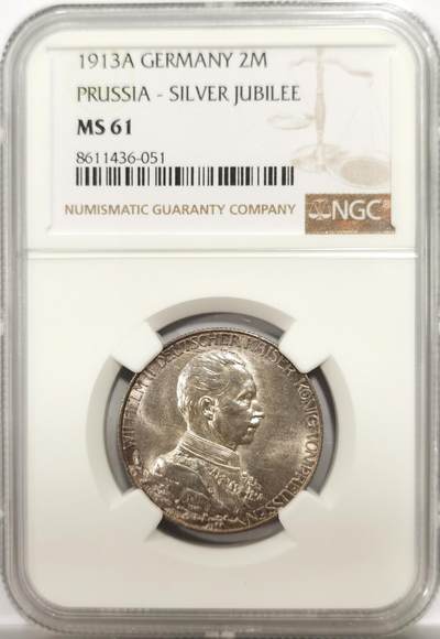 博洋堂世界钱币拍卖第146期（全场包邮） - NGC MS61 德国普鲁士1913年威廉二世花枝2马克银币