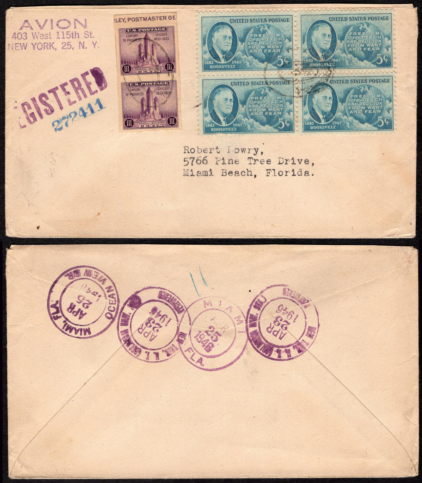 洪涛臻品批发群 精选邮票限时拍卖第1162期  1946纽约挂号寄迈阿密,贴芝加哥百年双联无齿票+罗斯福总统方联,背多枚邮戳邮路清晰