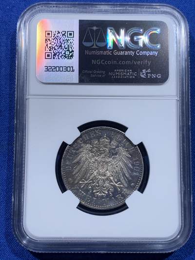 《竞宝斋》第437场 周日，周一2场连拍 （全场包邮） NGC MS62 德国 1901年 普鲁士建国纪念2马克银币