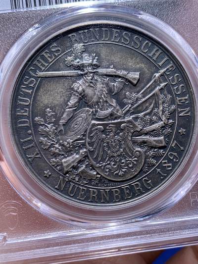 《竞宝斋》第437场 周日，周一2场连拍 （全场包邮） PCGS MS62 德国1897年纽伦堡射击节景观银章 高点俱在非常难得