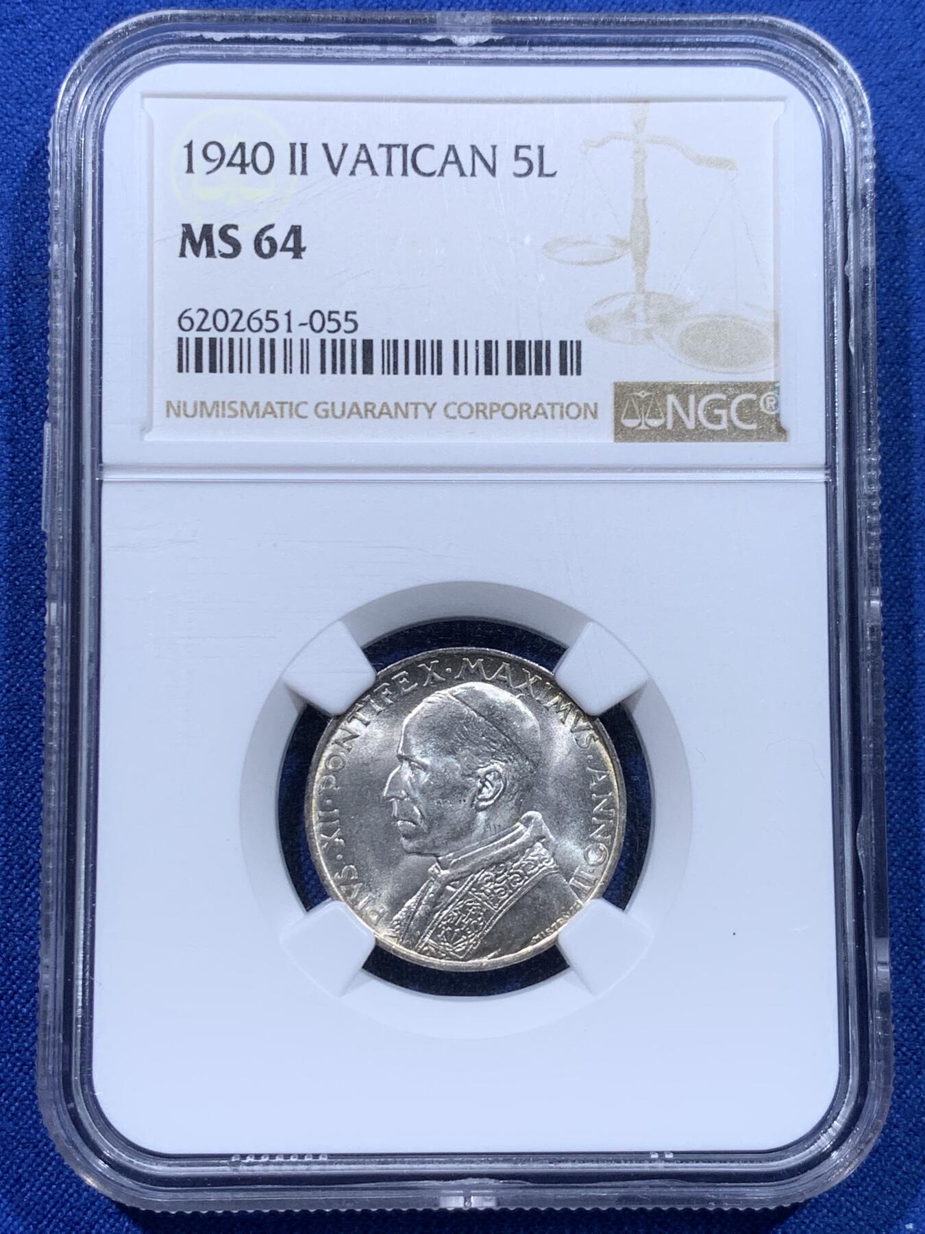 《竞宝斋》第437场 周日，周一2场连拍 （全场包邮） NGC MS64 教皇国梵蒂冈1940庇护十二世5里拉银币 原光