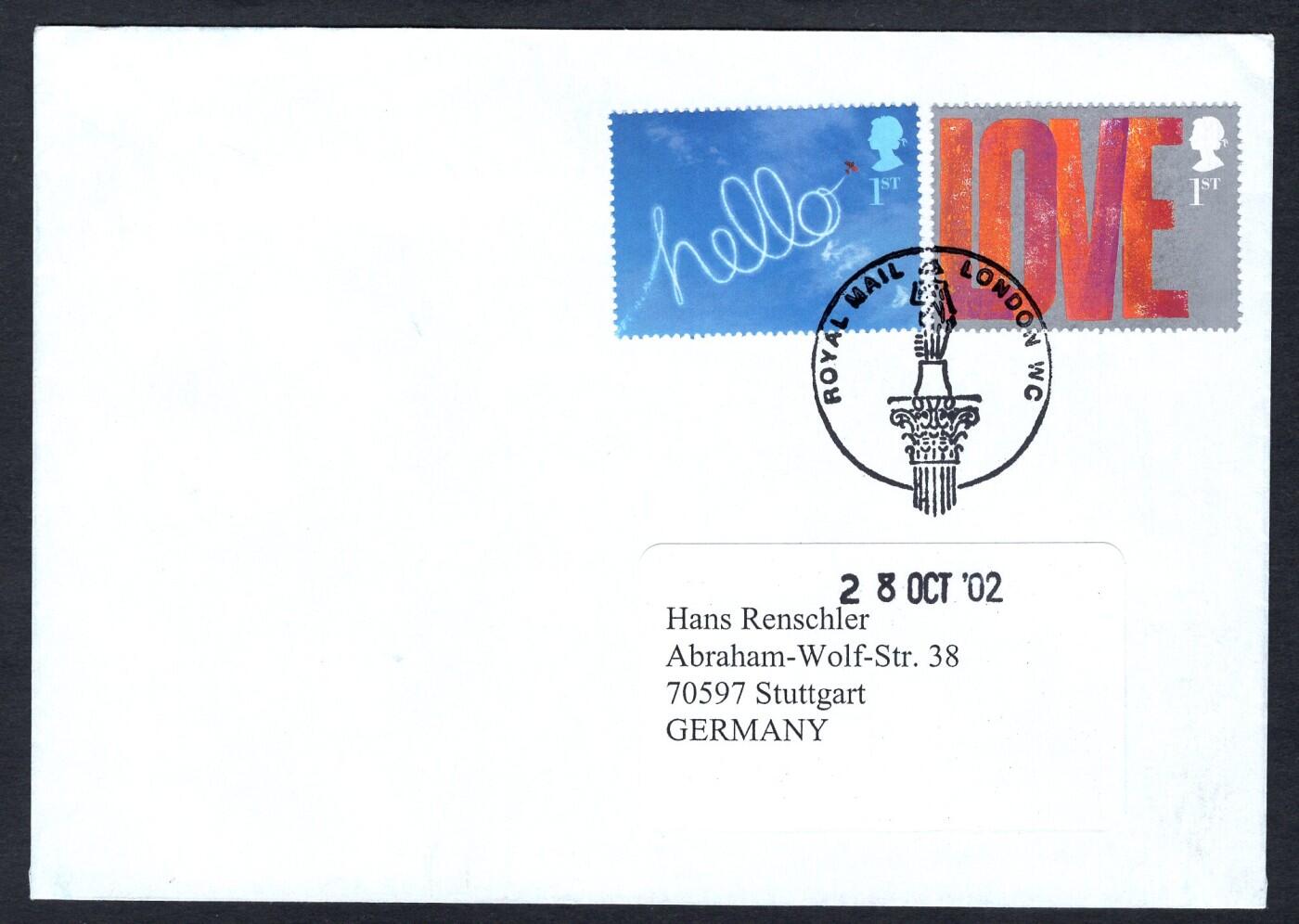 洪涛臻品批发群 精选邮票限时拍卖第1162期  英国2002年寄德国实寄封你好与爱