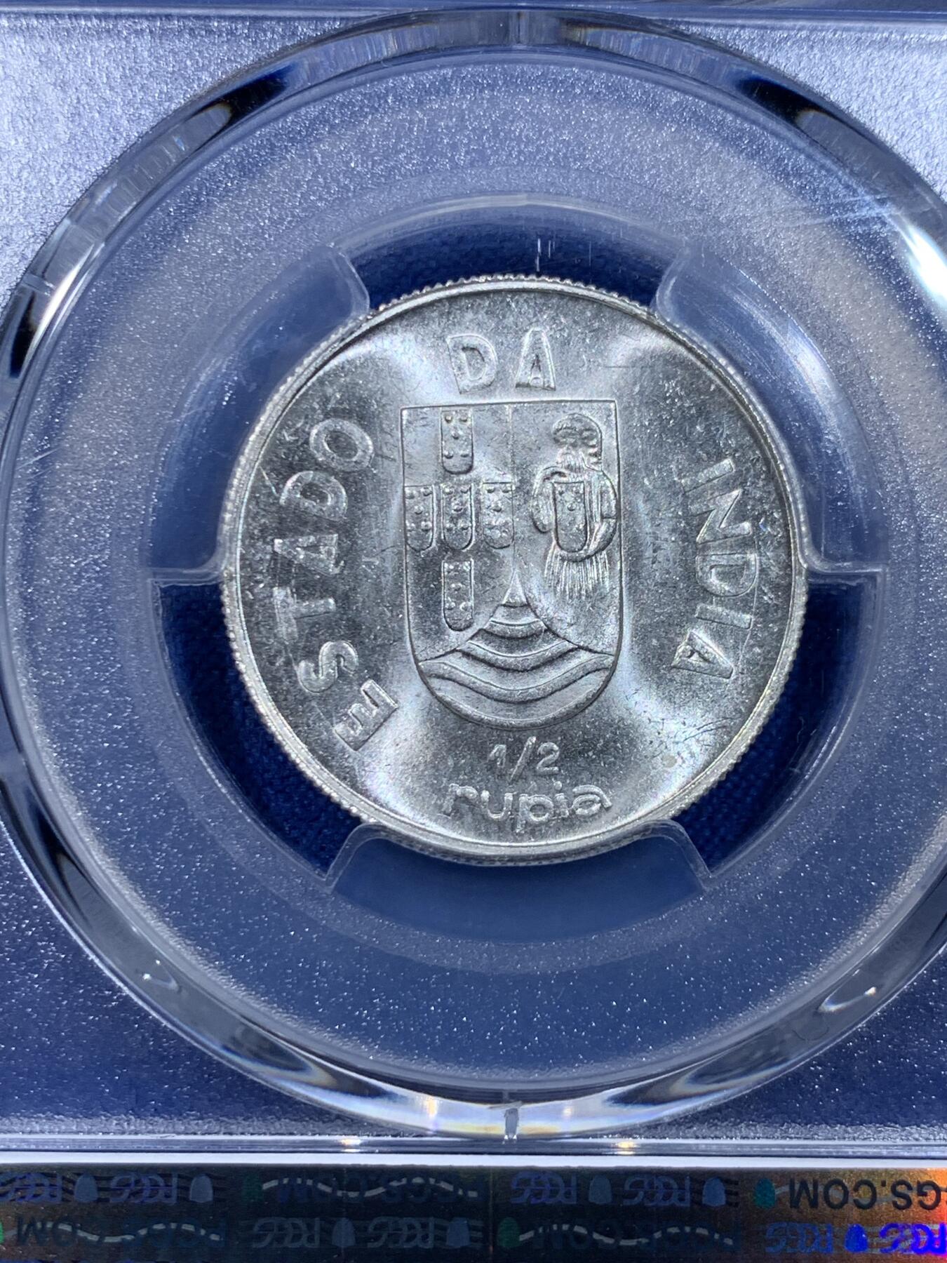《竞宝斋》第437场 周日，周一2场连拍 （全场包邮） PCGS MS64 葡属印度1936年1/2卢比银币